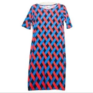 LuLaRoe Julia Midi Dress Orange Blue Black Woven Geometric Print Size M